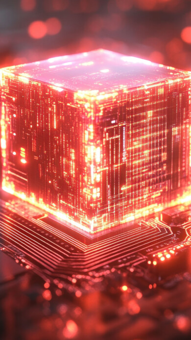 Red Cyber Cube on Circuit Board 4K Wallpaper