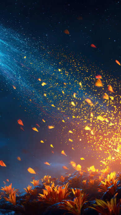 A breathtaking 4K wallpaper depicting a radiant blue shooting star streaking across a star-filled night sky. Below, a vibrant hillside blooms with fiery orange flowers, illuminated by a cascade of glowing petals and sparks, creating a magical fusion of celestial wonder and terrestrial beauty.