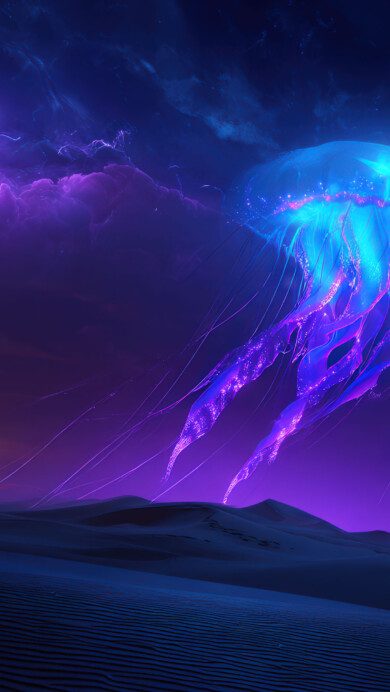 A surreal 4K wallpaper depicting a glowing cosmic jellyfish floating above sandy desert dunes under a twilight sky. Its translucent tentacles shimmer with ethereal light, casting a mystical glow across the rippled sands and creating a dreamlike fusion of oceanic and extraterrestrial elements.