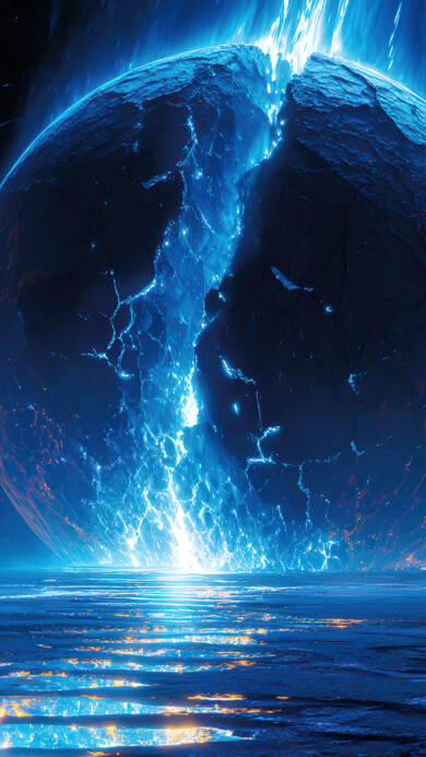 A stunning 4K wallpaper featuring a cracked blue planet suspended in the darkness of space. Jagged fractures glow with radiant energy, revealing a fiery core beneath the surface. Surrounded by distant stars and cosmic dust, the broken world evokes a sense of mystery and celestial drama.