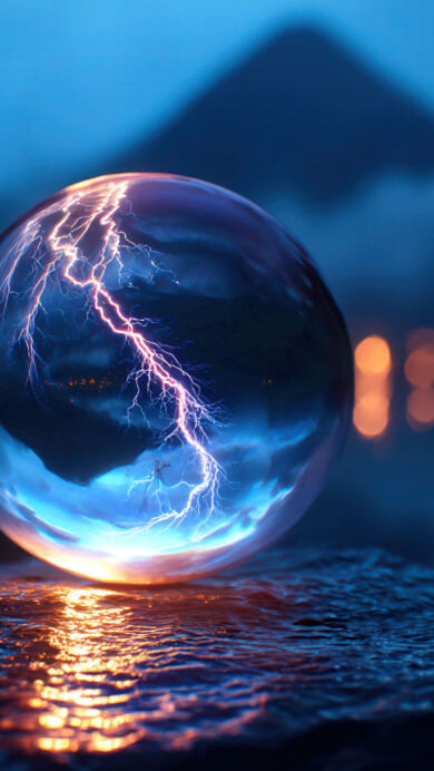 A surreal 4K wallpaper showing a glass orb suspended in midair as lightning dramatically strikes within and around it. The orb reflects crackling energy and glowing light, casting vivid electric patterns across a dark, stormy background, creating a powerful and futuristic visual impact.