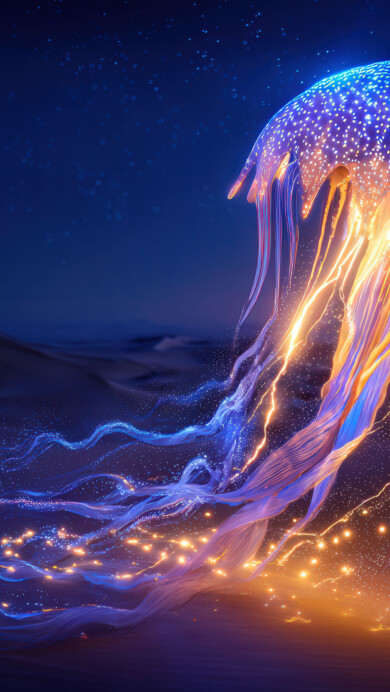 A surreal 4K wallpaper featuring a glowing jellyfish floating above a vast desert landscape at twilight. The bioluminescent creature emits radiant blues and purples, casting an ethereal glow on the sand dunes beneath a moody, star-speckled sky.