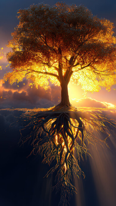 A surreal 4K wallpaper depicting a golden tree floating high above the clouds. Its radiant leaves shimmer with ethereal light as soft mist swirls around the trunk, creating a dreamlike atmosphere suspended between heaven and earth.