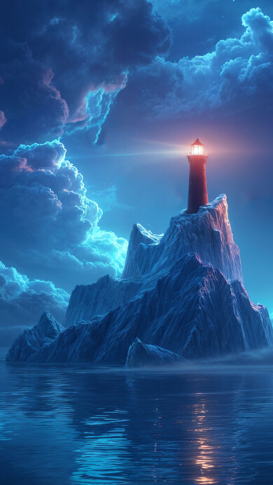 A stunning 4K wallpaper featuring a solitary lighthouse glowing under a starry night sky. The calm sea reflects the soft beam of light as it cuts through the darkness, creating a serene and atmospheric coastal scene.