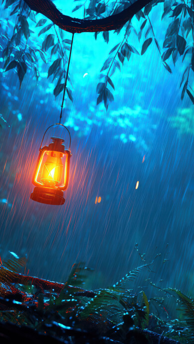 A mesmerizing 4K wallpaper capturing a rainy night illuminated by a glowing lantern. Soft raindrops glisten in the dim light as shadows dance on wet cobblestones, evoking a serene and moody atmosphere.