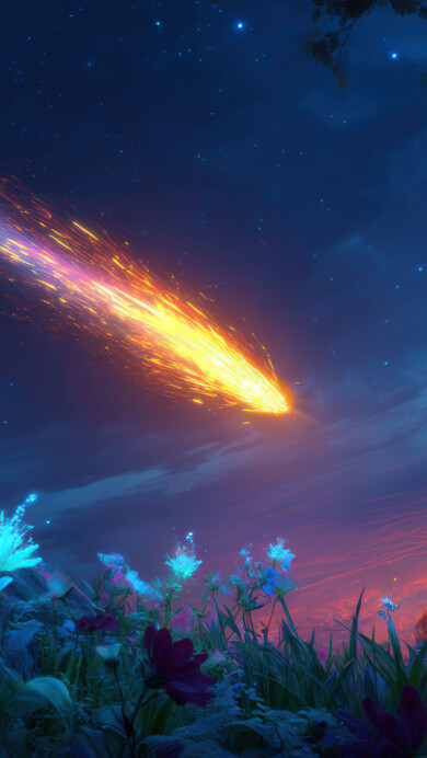 A mesmerizing 4K wallpaper capturing a shooting star streaking across a tranquil night sky. Silhouetted mountains frame the glowing trail as it arcs above a serene landscape, casting a gentle glow over the still terrain beneath the stars.