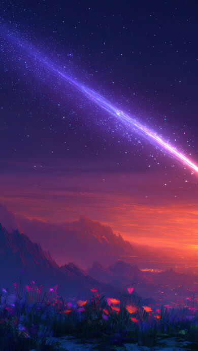 A mesmerizing 4K wallpaper capturing a serene nightscape lit by a shooting star streaking across the starry sky. The tranquil landscape below features silhouetted trees and distant hills, bathed in a gentle twilight glow, creating a peaceful and awe-inspiring celestial scene.